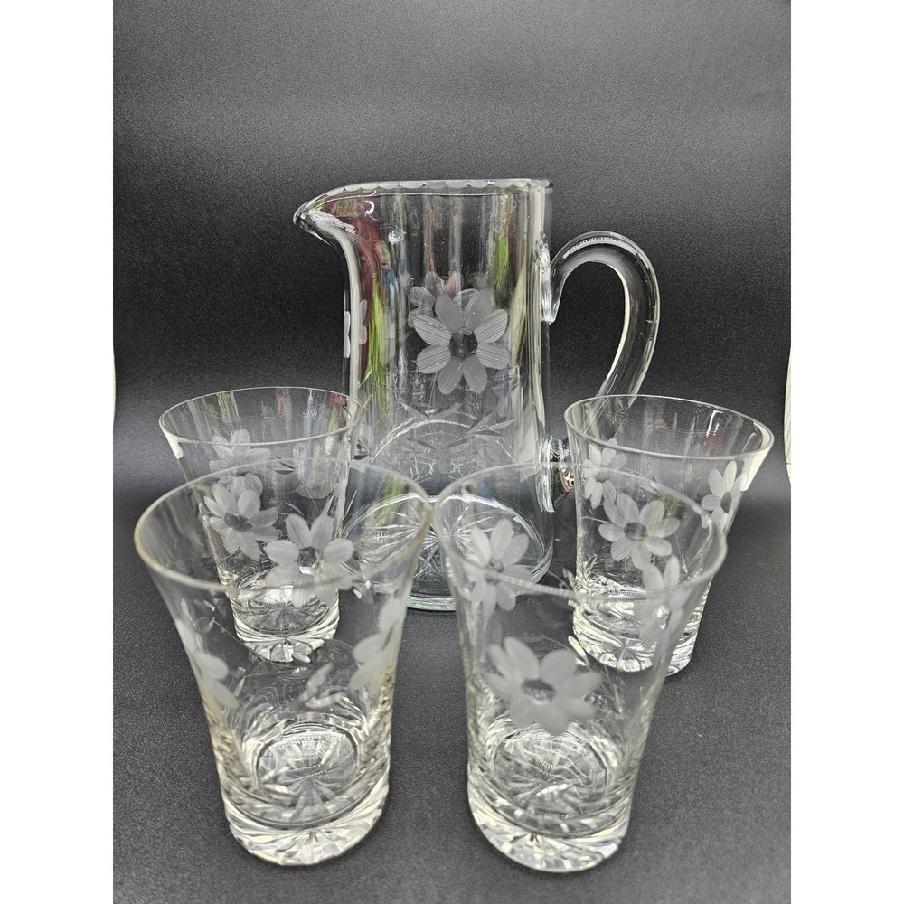 Vintage Clear Etched Glass Pitcher and 4 Tumbler Set Floral Daisy‎ Wheel Cut 5pc